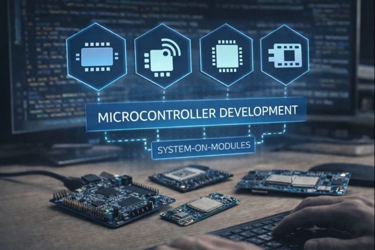 embedded_dev_img Mikrocontroller-Entwicklungshardware und Softwaremodelle in einem technischen Umfeld.