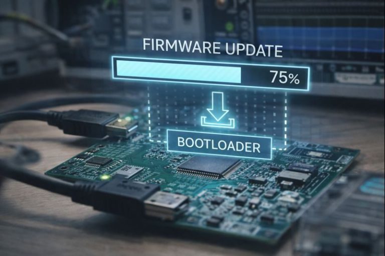 fmw_update_img Firmware-Update auf einem Mikrocontroller-Board mit 75% Fortschritt.