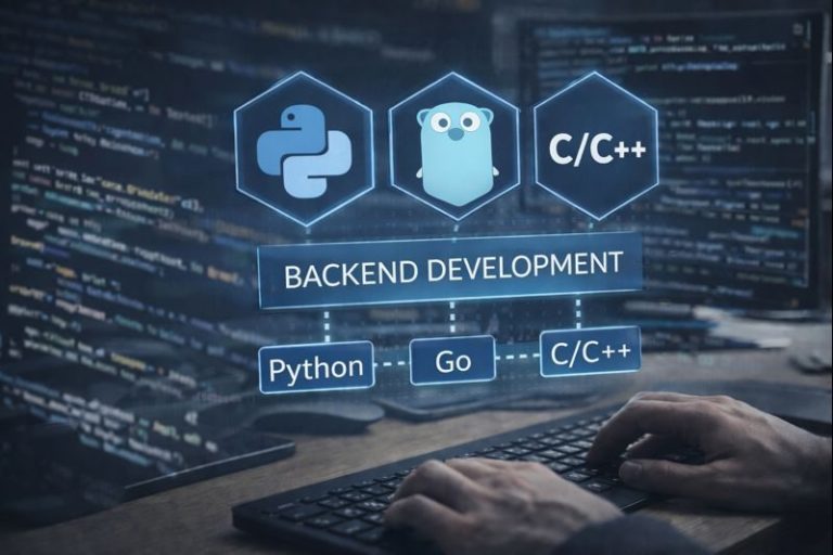 backend_img Tastatur mit Symbolen für Backend-Entwicklung: Python, Go, C/C++.