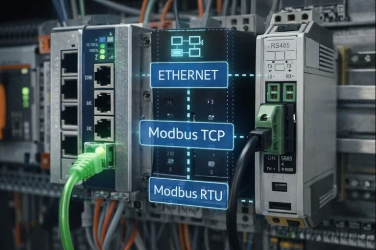 protocol_interfaces_img Netzwerkgeräte mit Anschlüssen für Ethernet, Modbus TCP und Modbus RTU.