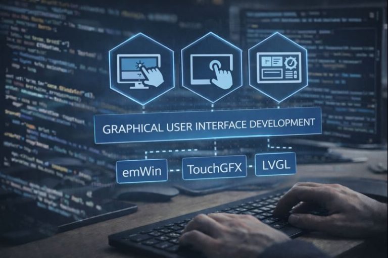 gui_img Grafische Benutzeroberflächenentwicklung mit Symbolen für HTML, CSS und JavaScript.